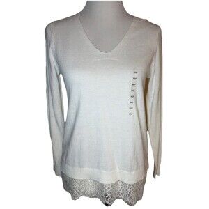 Ann Taylor V- Neck Sweater Lace Trim Ivory Medium Petite
